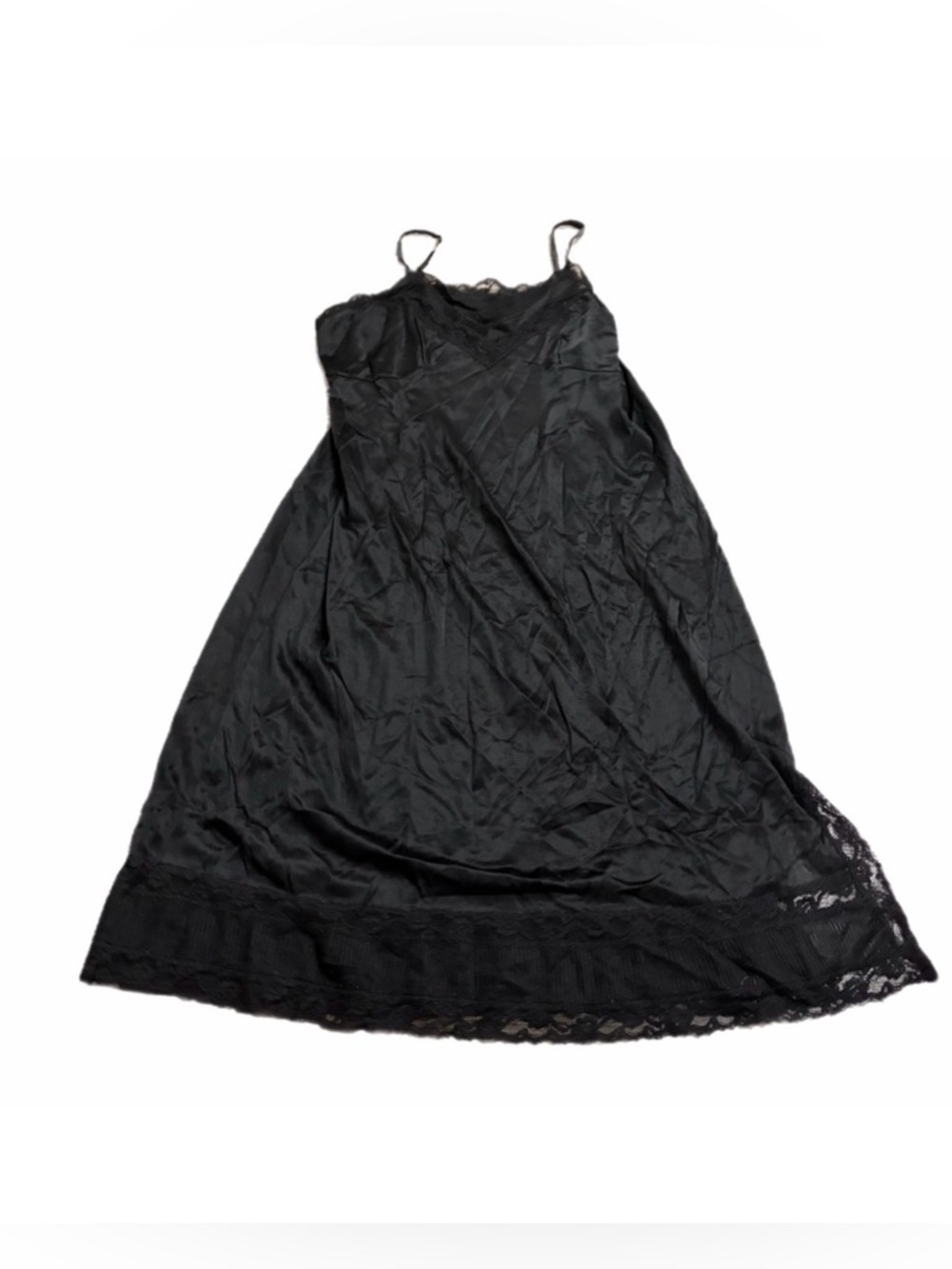 70s European Vintage Perlon Silky Lace Trim Midi Slip Dress (Black) Size Large